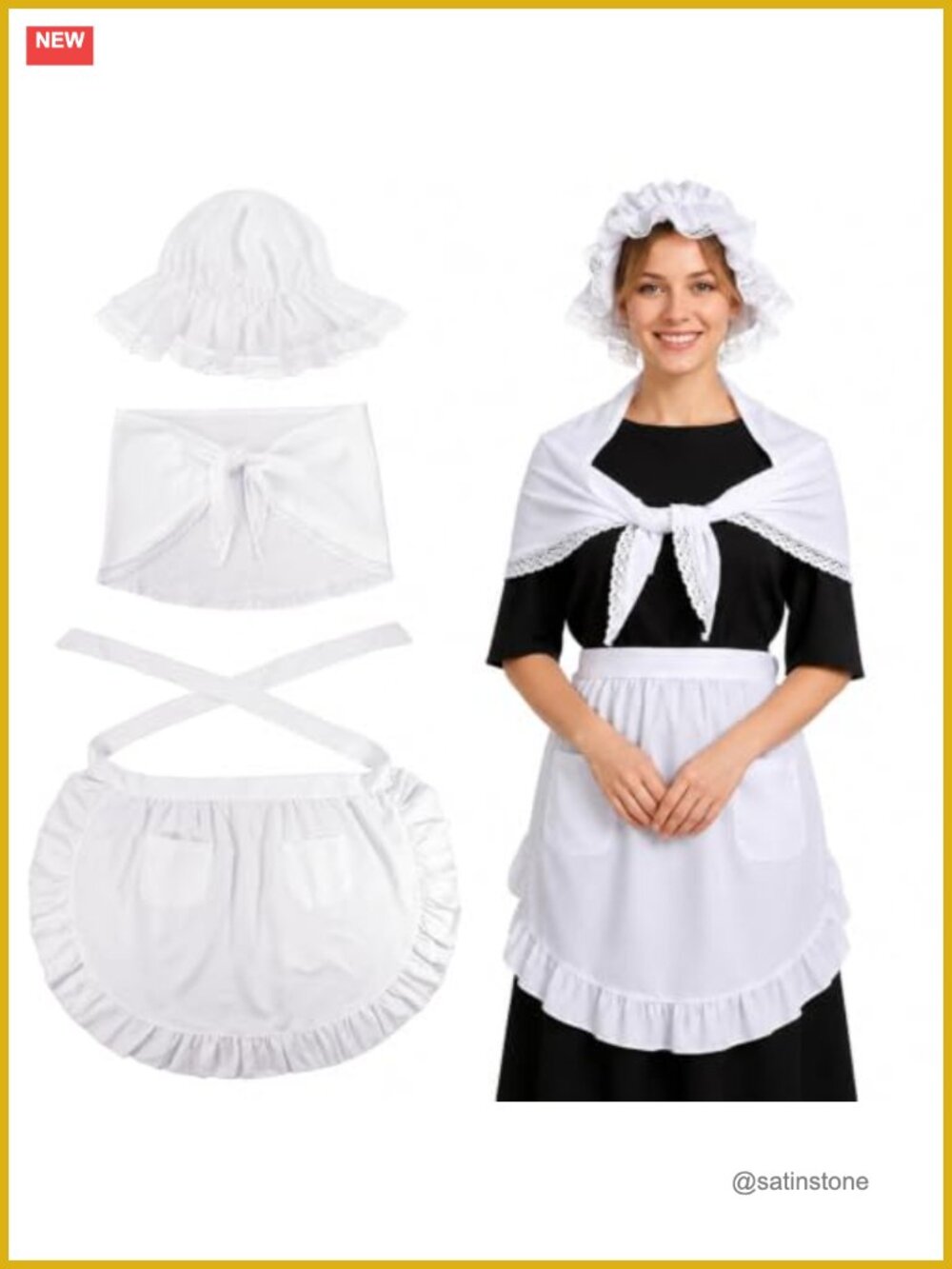 Colonial Costume Set 3 Pc Mob Cap Bonnet Shawl Waist Apron Women